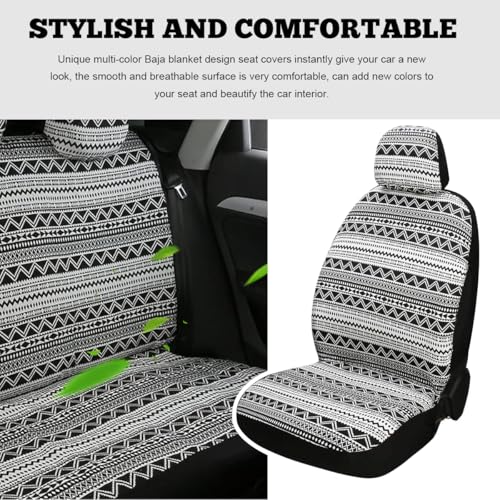 9PCS Baja Saddle Blanket Car Seat Covers, Front Set Breathable Washable Seat Covers with Seatbelt Pad, Striped Woven Cloth Airbag Compatible Seats Protector for Most Vehicles (Black White Wave) - color: Black White Wave