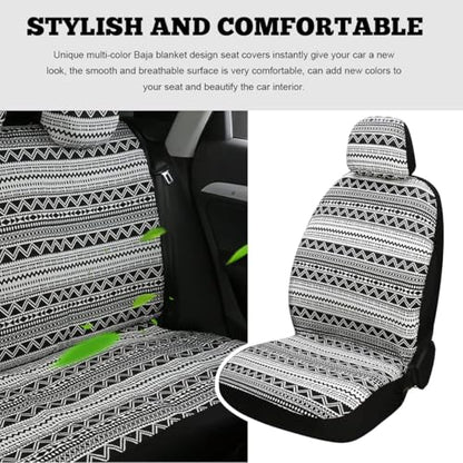9PCS Baja Saddle Blanket Car Seat Covers, Front Set Breathable Washable Seat Covers with Seatbelt Pad, Striped Woven Cloth Airbag Compatible Seats Protector for Most Vehicles (Black White Wave) - color: Black White Wave