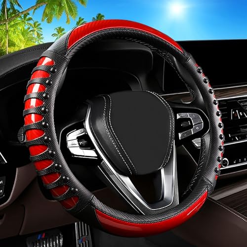 Car Leather Steering Wheel Cover - Carbon Fibre Material, Universal 14.5-15 Inch Leather Anti-Slip Breathable Auto Steering Wheel Covers for Men Women (3D Massage - Sports Red) - color: 3D Massage - Sports Red