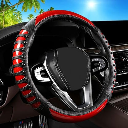 Car Leather Steering Wheel Cover - Carbon Fibre Material, Universal 14.5-15 Inch Leather Anti-Slip Breathable Auto Steering Wheel Covers for Men Women (3D Massage - Sports Red) - color: 3D Massage - Sports Red