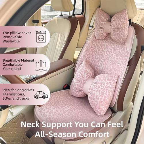 Car Headrest Pillow with Leopard Print Chic Car Interior Breathable Neck Support Cushions Fits for Most Cars (Pink Pillow) - color: Pink Pillow