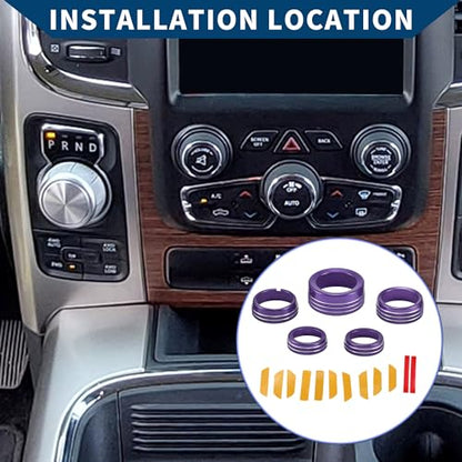 AC Air Conditioner Gear Shift Headlight Media Switch Knob Cover for Dodge for RAM 13-17 / Interior Trim/Stylish Aluminum Alloy / 5 Pcs Purple - color: Purple