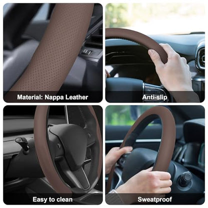 Nappa Leather Steering Wheel Cover,Universal Fit 15 Inch-Premium Non-Slip Breathable Comfort Grip for Cars Trucks SUVs,Anti-Slip Durable Interior Upgrade Cocoa Brown - color: Cocoa Brown