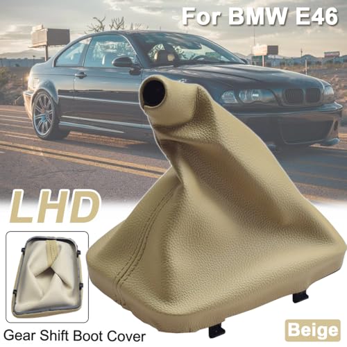 Manual Gear Shift Knob Black Leather Shifter Boot Cover Gaiter with Frame for B-mw E30 E36 E39 E46 E81 E82 E87 E88 E90 E91 E92 E93 (E46 Beige) - size: E46 beige