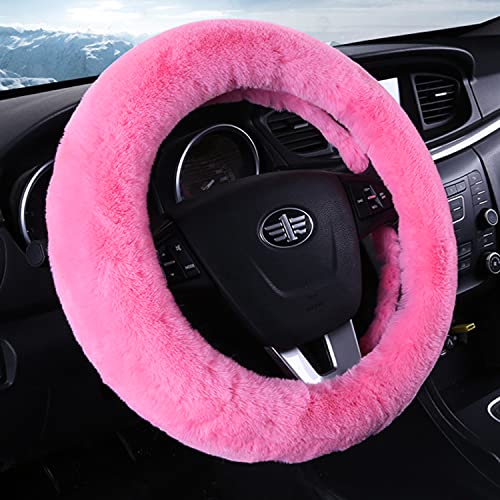 Pinbola 5pcs in 1 Set Faux Wool Steering Wheel Cover Soft Fluffy Handbrake Cover & Gear Shift Cover & 2pcs Seat Belt Shoulder Pads Warm Universal Fit for 15 Inch (Pink) - color: Pink