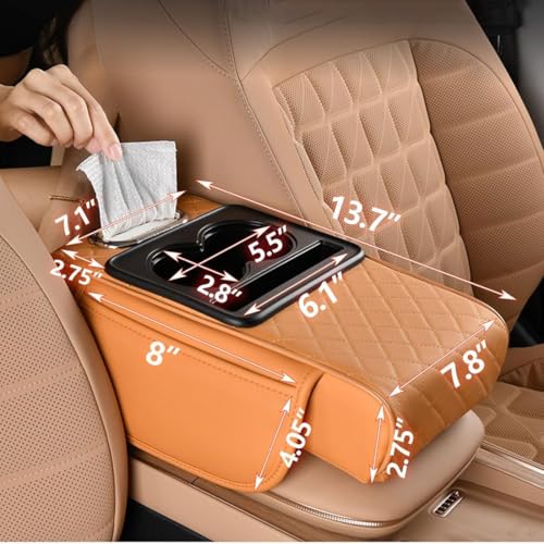 Car Armrest Cushion,5-in-1 Center Console Cover with 2 Storage Bags Cup Holder, Tissue Box Slot, Phone Slot for Sedans, Car Accessories Interior Organizers (Pink)