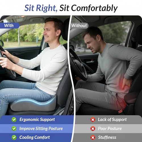 Gel Seat Cushion for Office Chair and Car Seat with Ergonomic Zoning, Memory Foam Chair Cushion for Sciatica, Lower Back, Tailbone Pain Relief and Intimate Ventilation, Non-Slip & Airy Cover
