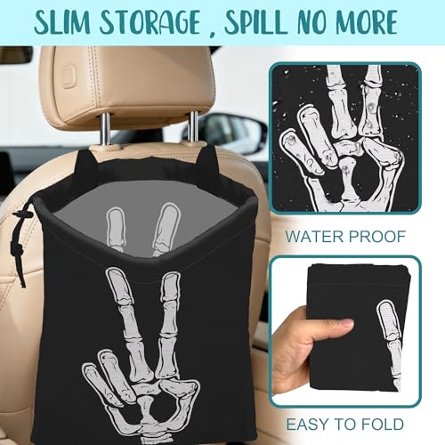 Car Garbage Bag Skeleton Hand Peace Sign Drawstring Car Trash Bag Hanging for Back Seat with Adjustable Buckle Canvas Vehicle Trash Can Easy-to-Install - color: Skeleton Hand Peace Sign