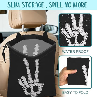 Car Garbage Bag Skeleton Hand Peace Sign Drawstring Car Trash Bag Hanging for Back Seat with Adjustable Buckle Canvas Vehicle Trash Can Easy-to-Install - color: Skeleton Hand Peace Sign