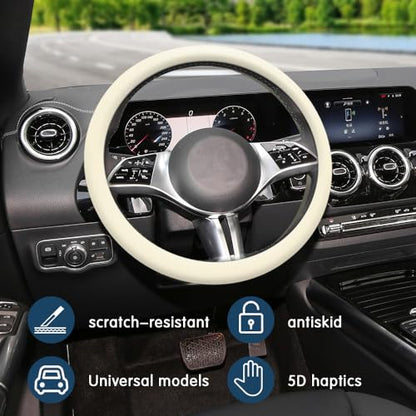 Car Steering Wheel Cover, 13 to 14.17 inches Non-Slip Silicone Steering Wheel Protector, Car Accessories Thin Soft Leather Texture Steering Wheel Protective Cover for Most Cars (Beige) - color: Beige