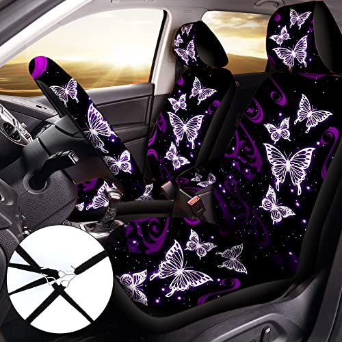 Butterfly Seat Full Set for Women Butterfly Universal Car Accessories Rubber Steering Wheel Cover License Plate Frame Mirror Covers 26 Pcs Fit Car SUV Auto(Purple Style)