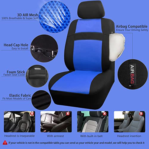 CAR PASS 3D Air Mesh Car Seat Covers Full Sets w/5mm Sponge, 4Pcs Waterproof Car Floor Mats, Steering Wheel Cover Universal Fit for SUV Sedan Truck, Airbag Compatible Automotive Interior(black & blue) - color: Blue Combo