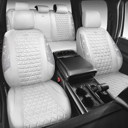 CAR PASS All White Bling Diamond Leather Car Seat Covers Full Sets,Waterproof Shining Glitter Sparkly Crystal Universal Fit for Automotive Truck SUV Cute Women Girl Airbag Compatable,Sliver Rhinestone - color: All White Rhinestone, size: Full Set