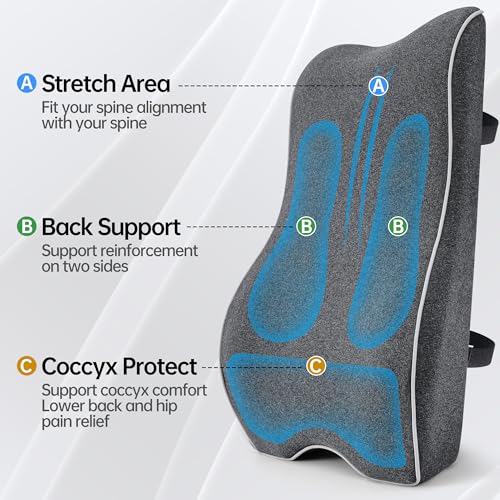 Plush Comfortable Memory Foam Lumbar Support Pillow - Soft Back Cushion for Office Chair, Car Seat, Gaming Chair - Ergonomic Lower Back Pain Relief with Adjustable Straps & Washable Cover-Dark Grey