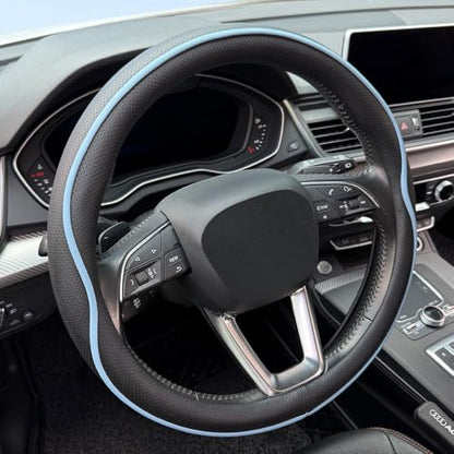 Leather Steering Wheel Cover， with Anti-Slip Stripe Design - Enhanced Grip, Fashion Style, Safe, Non-Slip, Breathable. Upgrade car Interior，Black Blue - color: Black Blue