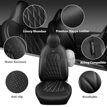 CAR PASS Nappa Leather High Back Front Seat Covers, Tesla Model 3 Model Y Breathable Faux Leather Front Bucket Seat Covers, Anti-Slip Airbag Compatible Universal Fit for Sedan SUV Van Truck, Black - color: Black High Back, size: Two Front