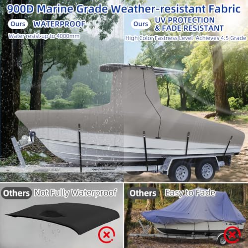 Marine Grade Waterproof Center Console Boat Cover with T Top Roof, Tear Resistant Trailerable Storage Covers, All-Weather Protection T-Top Boat Cover 20-22 ft, Beam Width Up to 106", Gray - color: Gray, size: 20'-22'Long (Beam width up to 106'')