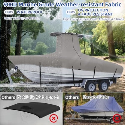 Marine Grade Waterproof Center Console Boat Cover with T Top Roof, Tear Resistant Trailerable Storage Covers, All-Weather Protection T-Top Boat Cover 20-22 ft, Beam Width Up to 106", Gray - color: Gray, size: 20'-22'Long (Beam width up to 106'')