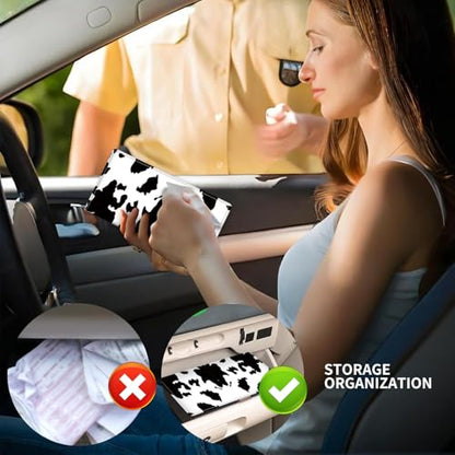 Leather Car Registration and Insurance Card Holder, Cute Car Accessories Vehicle Glove Box Car Organizer for Documents, Cards, License Black White Cow - color: Black White Cow