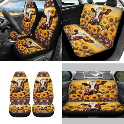 Sunflower Cow Car Seat Covers Full Set 11pcs Cow Car Accessories with Cow Auto Steering Wheel Cover Seatbelt Pads Keychain Cup Holder Pads for Most Vehicle - color: Aztec Sunflower Cow