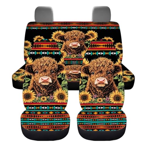 Dreaweet Car Seat Covers Full Set with Steering Wheel Cover/Armrest Cover/Seatbelt Covers/Cup Coasters/Gear Shift Cover/Handbrake Cover,12 Pcs Aztec Highland Cow Sunflower Car Accessories Deocr - color: Aztec Highland Cow Sunflower