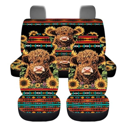 Dreaweet Car Seat Covers Full Set with Steering Wheel Cover/Armrest Cover/Seatbelt Covers/Cup Coasters/Gear Shift Cover/Handbrake Cover,12 Pcs Aztec Highland Cow Sunflower Car Accessories Deocr - color: Aztec Highland Cow Sunflower