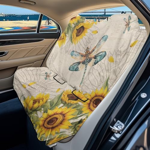 Dragonfly Sunflower Print Car Back Seat Cover Waterproof Automotive Seat Cushions Universal Fit Rear Bench Towel Seat Covers with Non-Slip Backing for SUV, Sedan, Van - color: Dragonfly Sunflower