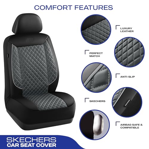 Skechers Car Seat Covers,Piping Luxury Faux Seat Covers,Waterproof Anti Slip Car Seat Protector Front Seats,Car Accessories Airbag Universal Fit for Most Cars,Vans,Trucks,SUV,Gray