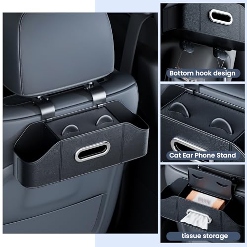 7-in-1 Car Seat Organizer with Cup Holders, Trash Can, Tissue Dispenser & Hooks, Multifunctional Headrest Storage for Backseat, Travel Essentials for Family Car Trips (Black)