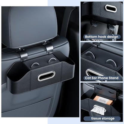 7-in-1 Car Seat Organizer with Cup Holders, Trash Can, Tissue Dispenser & Hooks, Multifunctional Headrest Storage for Backseat, Travel Essentials for Family Car Trips (Black)