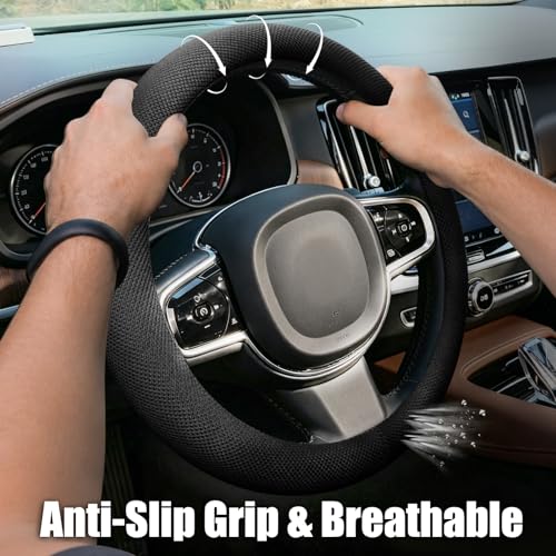 Universal Black Steering Wheel Cover, Microfiber Ice Silk Non-Slip Breathable Cooling Steering Wheel Protector with Upgraded Silicone Inner Ring Warm in Winter Cool in Summer - color: Black