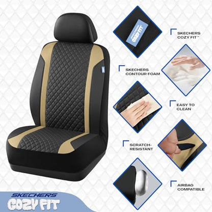 Skechers Seat Covers Contour Foam Cozy Fit,Leather Car Seat Covers, Car Seat Covers Front Seats Airbag Compatible, Universal Automotive Comfort for Most Cars, Vans, Trucks, SUV,Beige - color: Black and Beige