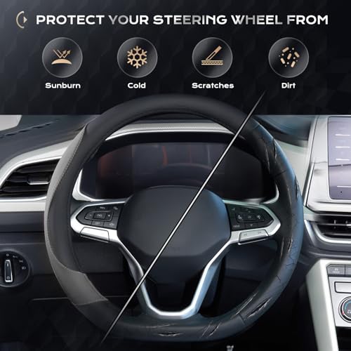 Coverado Car Steering Wheel Cover, Nappa Leather Black & Gray Steering Wheel Covers, Universal 14-15 inch, Anti-Slip, Breathable Steering Wheel Protector for Women Men - color: B-BlackGray
