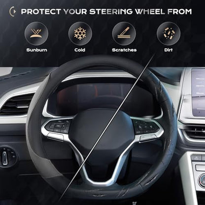 Coverado Car Steering Wheel Cover, Nappa Leather Black & Gray Steering Wheel Covers, Universal 14-15 inch, Anti-Slip, Breathable Steering Wheel Protector for Women Men - color: B-BlackGray
