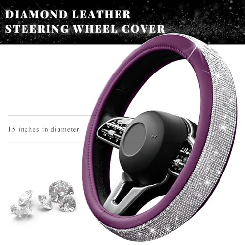 Diamond Leather Steering Wheel Cover, 15 Inch Bling Crystal Rhinestone Anti-Slip Wheel Protector, Universal Sparkling Elegant Diamond Steering Wheels Cover for Women Girl (White&Purple) - color: White&Purple