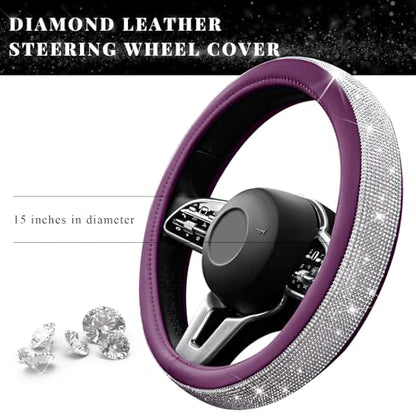Diamond Leather Steering Wheel Cover, 15 Inch Bling Crystal Rhinestone Anti-Slip Wheel Protector, Universal Sparkling Elegant Diamond Steering Wheels Cover for Women Girl (White&Purple) - color: White&Purple