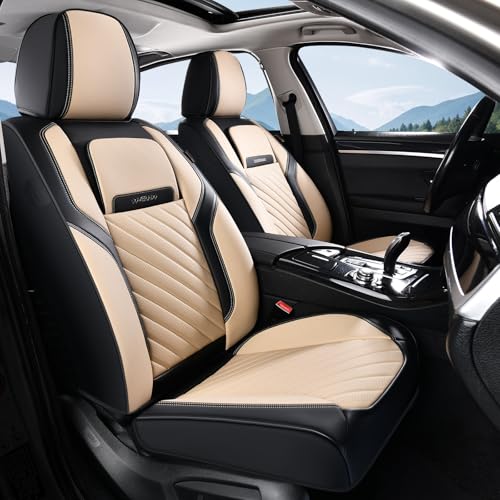Coverado Car Seat Covers Front Set, Luxury Nappa Leather Seat Covers Universal Fit Waterproof Non-Slip Breathable Automotive Seat Protectors for Cars, SUVs, Trucks - color: BlackBeige-0, size: Front Pair