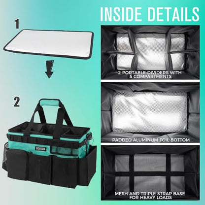 Wearable Cleaning Caddy Bag, Cleaning Caddy Supplies Organizer with Handle & Shoulder Straps for Housekeepers, Under Sink & Car Cleaning Tool Organizers with 4 Foldable Divider (Lake Blue)