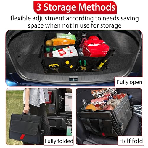 YOSRTER Car Trunk Organizer for Dodge Charger Durango Challenger Ram Collapsible Storage Box with Handle Foldable Lid Non Slip Bottom 2 Compartment Sturdy Base Panel for Dodge Accessories(Red Trim)
