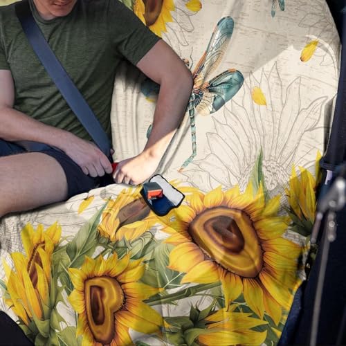 Dragonfly Sunflower Print Car Back Seat Cover Waterproof Automotive Seat Cushions Universal Fit Rear Bench Towel Seat Covers with Non-Slip Backing for SUV, Sedan, Van - color: Dragonfly Sunflower