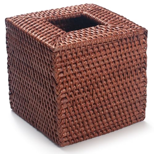 Square Rattan Tissue Box Cover, Hand Woven Wicker Tissue Holder, 5.5 x 5.5 X 5.7 inches, Honey Brown - color: Honey Brown, size: Square (5.7"H)