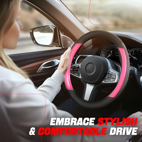 Auto Dynasty Steering Wheel Cover, Breathable Microfiber Leather Car Steering Wheel Protector with Black Red Contrast Stitching, Anti-Slip, [14 1/2 to 15 Inches] Universal Fit Cars Trucks SUVs - color: Contrast Red