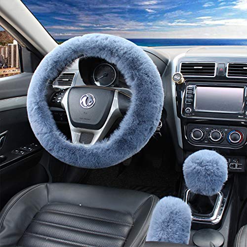 Pinbola 5pcs in 1 Set Faux Wool Steering Wheel Cover Soft Fluffy Handbrake Cover & Gear Shift Cover & 2pcs Seat Belt Shoulder Pads Warm Universal Fit for 15 Inch (Gray) - color: Gray