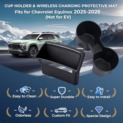 Cup Holder Insert & Wireless Charging Protective Mat for Chevrolet Equinox 2026 2025(Not for EV) Interior Accessories Cup Holders & Wireless Charger Cover Pad for Chevy Equinox 2025-2026, Black - style: Fits for 2025-2026 Equinox (Not for EV)