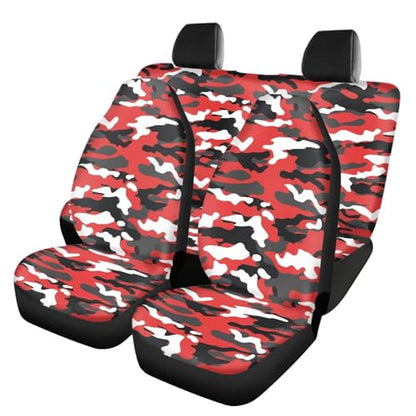 17Pcs Red Camo Print Car Seat Cover Set, Easy Install, Car Seat Cover with Mats Steering Wheel Cover Armrest Cover Car Seat Belt Covers Car Coaster Keychain Roof Gloves - color: Red Camo Print