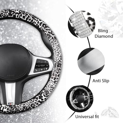 AUTOYOUTH Leopard Print Steering Wheel Cover - Bling Crystal Rhinestones Cheetah Print on PVC Leather Non-Slip Breathable Design for Women/Girls Universal Fit 14.5-15 Inch - White - color: WHITE