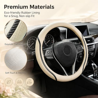 Car Steering Wheel Cover Beige, 14.5-15 inch Steering Wheel Covers with Coasters Microfiber Leather Carbon Fiber Breathable Anti-Slip Durable Universal Auto Steering Wheel Protective - color: beige, size: Medium