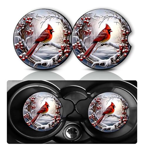 2Pack Red Bird Car Cup Holder Coasters,Cars Coasters for Cup Holders,2.75" Universal Anti Slip Rubber Mat,Winter Red Cardinal Bird & Berry Wreath Car Accessories Decor,Birds Gifts for Women,Men - color: Berry Wreath & Red Cardinal Bird