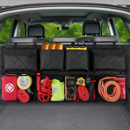 Car Trunk Hanging Organizer 3D Textured (Extra-Long), Cotton-Padded Farewell to Collapse, Reinforced Stitching, Extra-Wide Pocket, Backseat Grocery Storage Bag with 8 Pockets for SUV,Truck,Van - color: Black-3D, size: XXL-43.3x18.9in