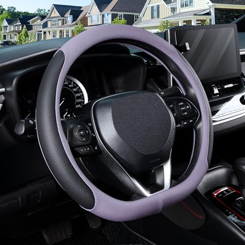 SEG Direct D Shaped Steering Wheel Cover for 14.5-15 inch Flat Bottom Wheels, Breathable Perforated Microfiber Leather, Anti-Slip Grip, Universal Fit for Cars & SUVs, Black and Light Purple - color: Black & Light Purple, size: D-shaped